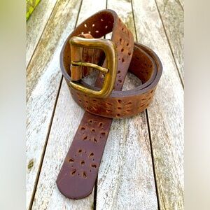 Floral Cut-Out 1” thick Belt Full Grain Strap Brassy Buckle